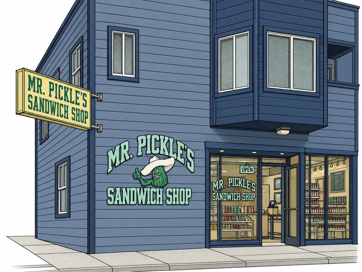 Illustration of the Mr. Pickle's Sandwich Shop storefront on 20th Street